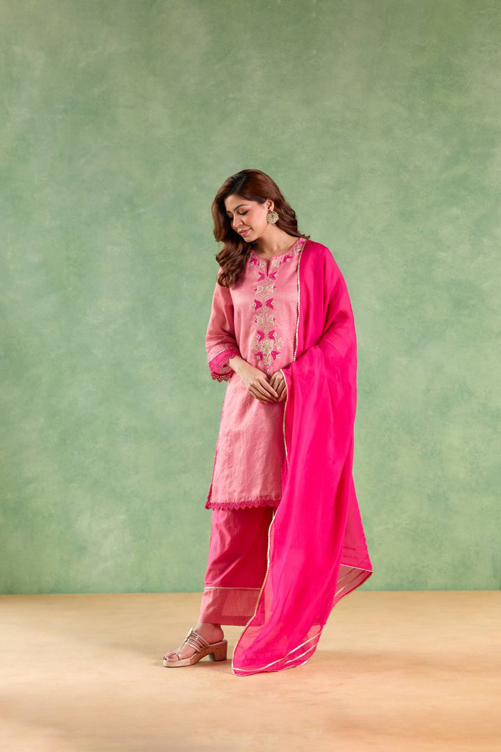 Fuchsia Pink Applique Kurta with Narrow Pants and Dupatta - Set of 3