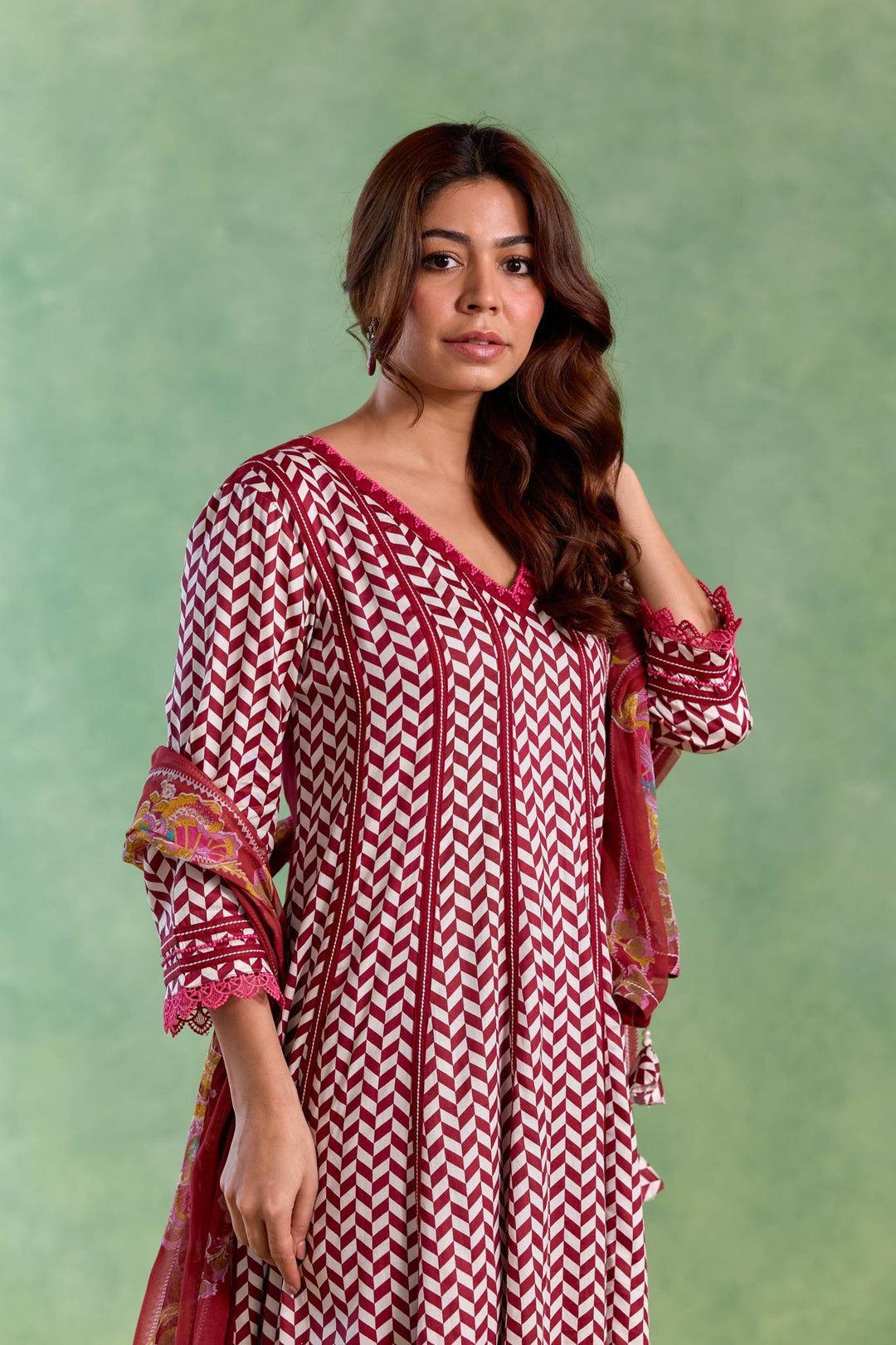 Maroon Beaded Chevron Anarkali with Flared Pants and Dupatta - Set of 3