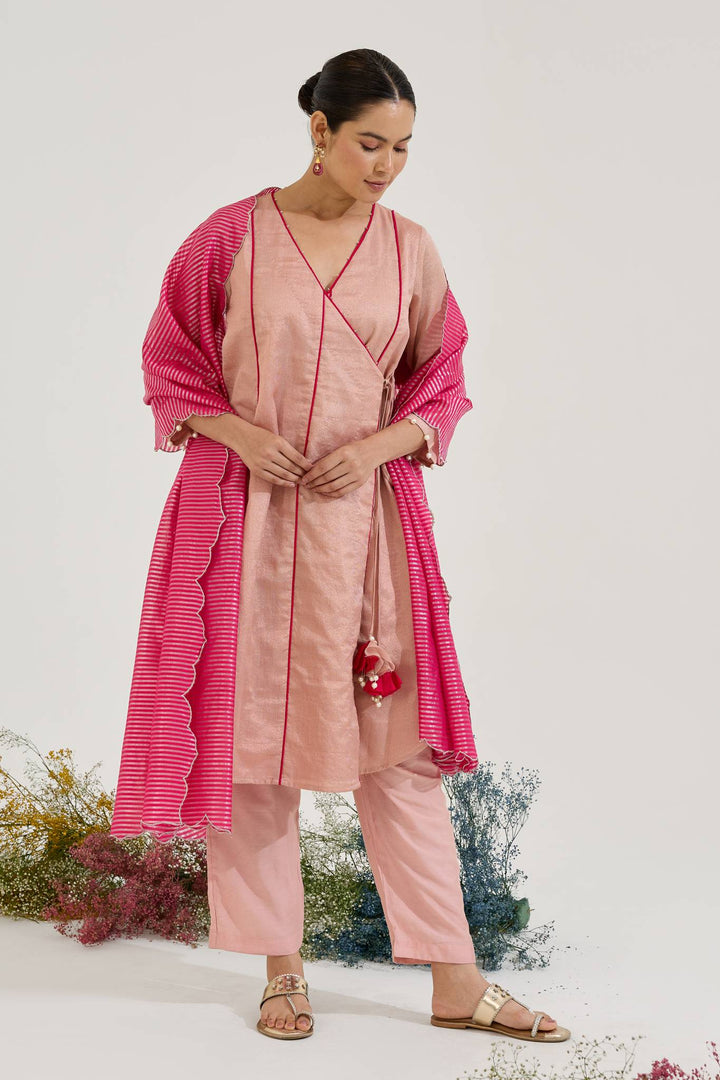 Pearl Pink Chanderi Stripe Angrakha with Narrow Pants and Dupatta - Set of 3