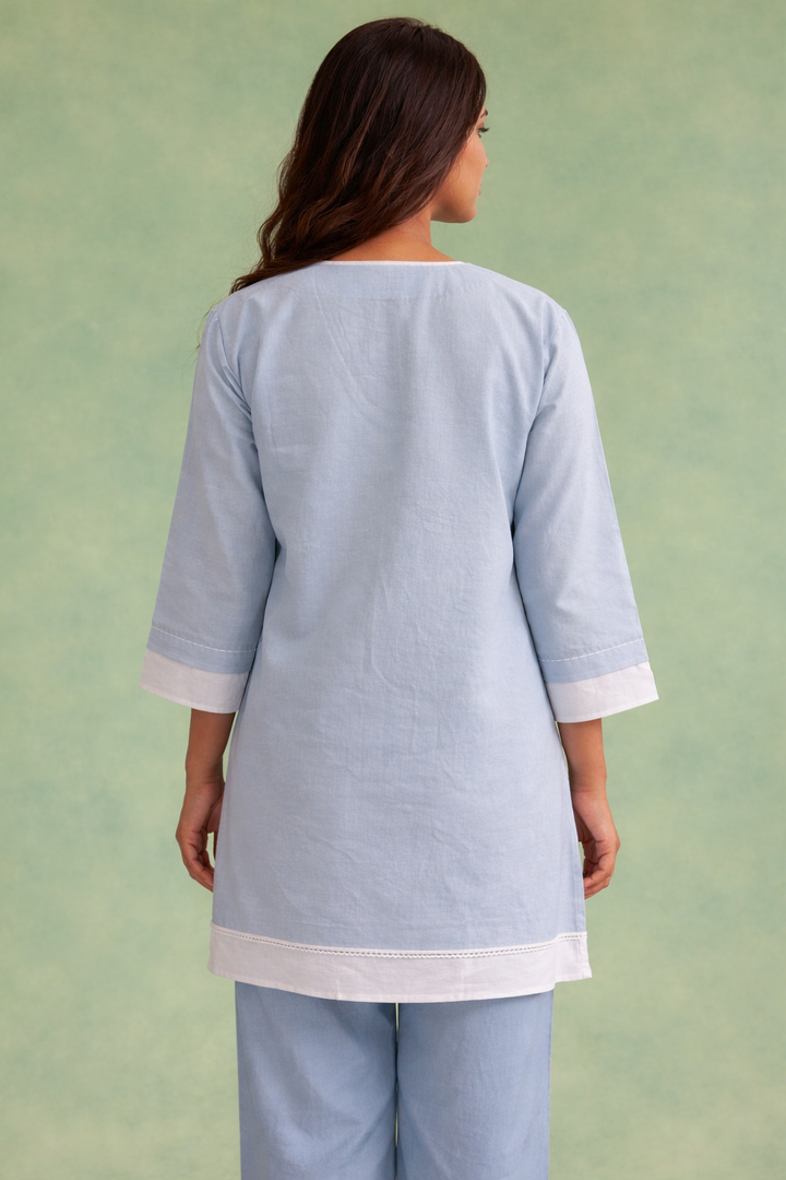 Old Blue Embroidered  Handloom Linen Co-ord Set