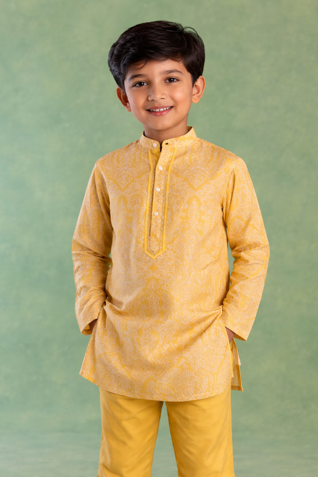 Boys Yellow Petal Yoke Kurta Set