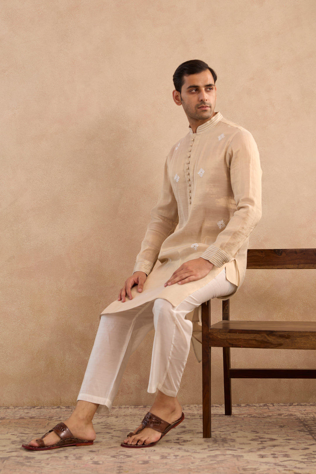 Gold Buta Embroidered Tissue Kurta with Narrow Pants - Set of 2