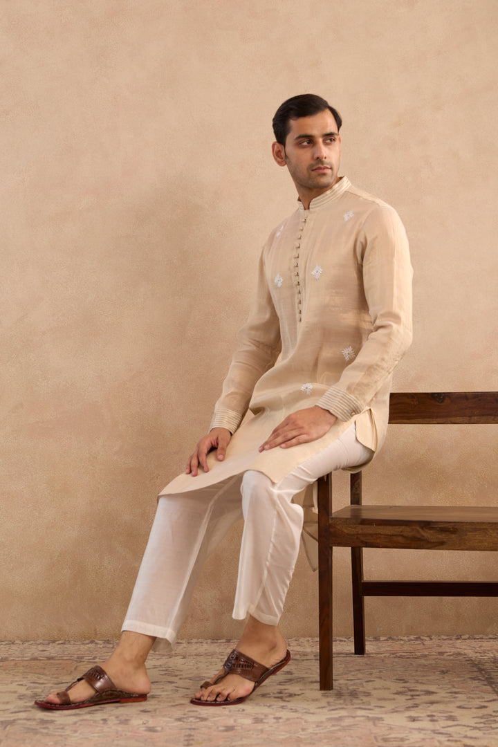 Gold Buta Embroidered Tissue Kurta with Narrow Pants - Set of 2