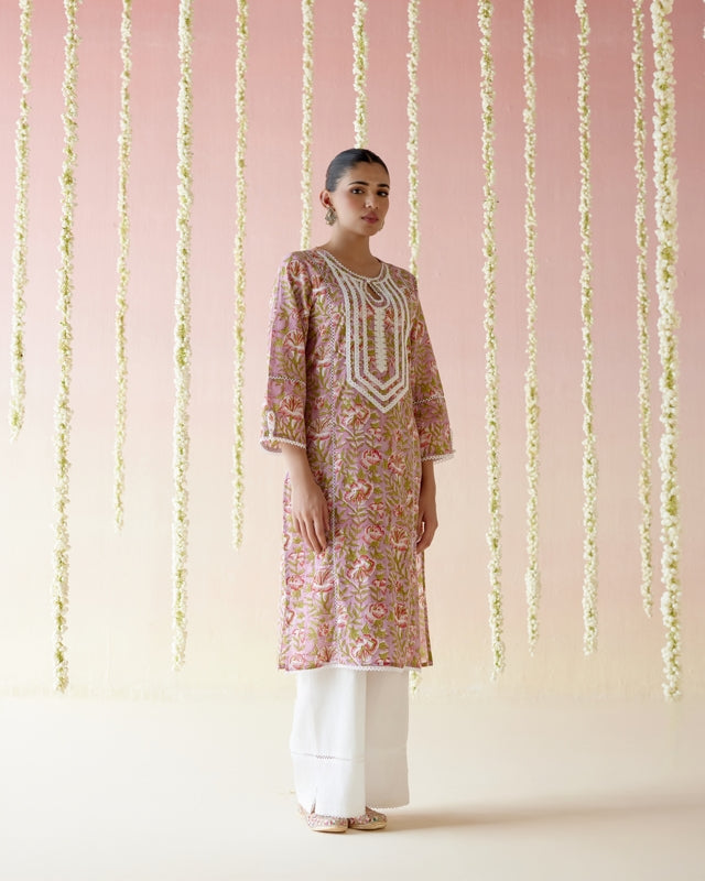 Mulberry Pink Floral Chintz Kurta with Wide Leg Pants - Set of 2