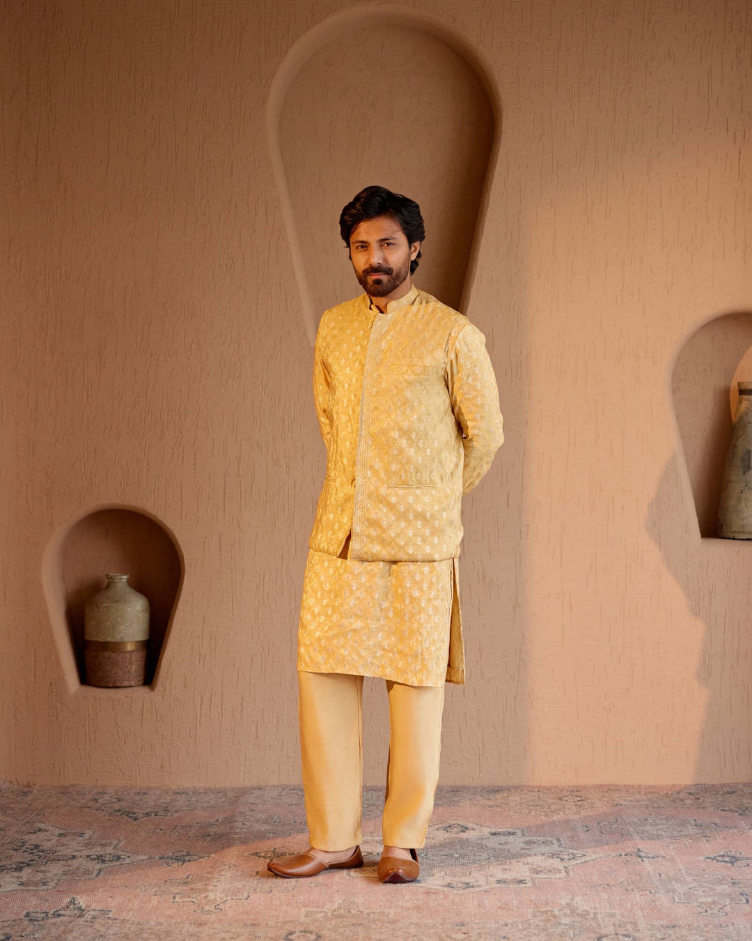 Golden Brocade Nehru Jacket with Kurta Set - Set of 3