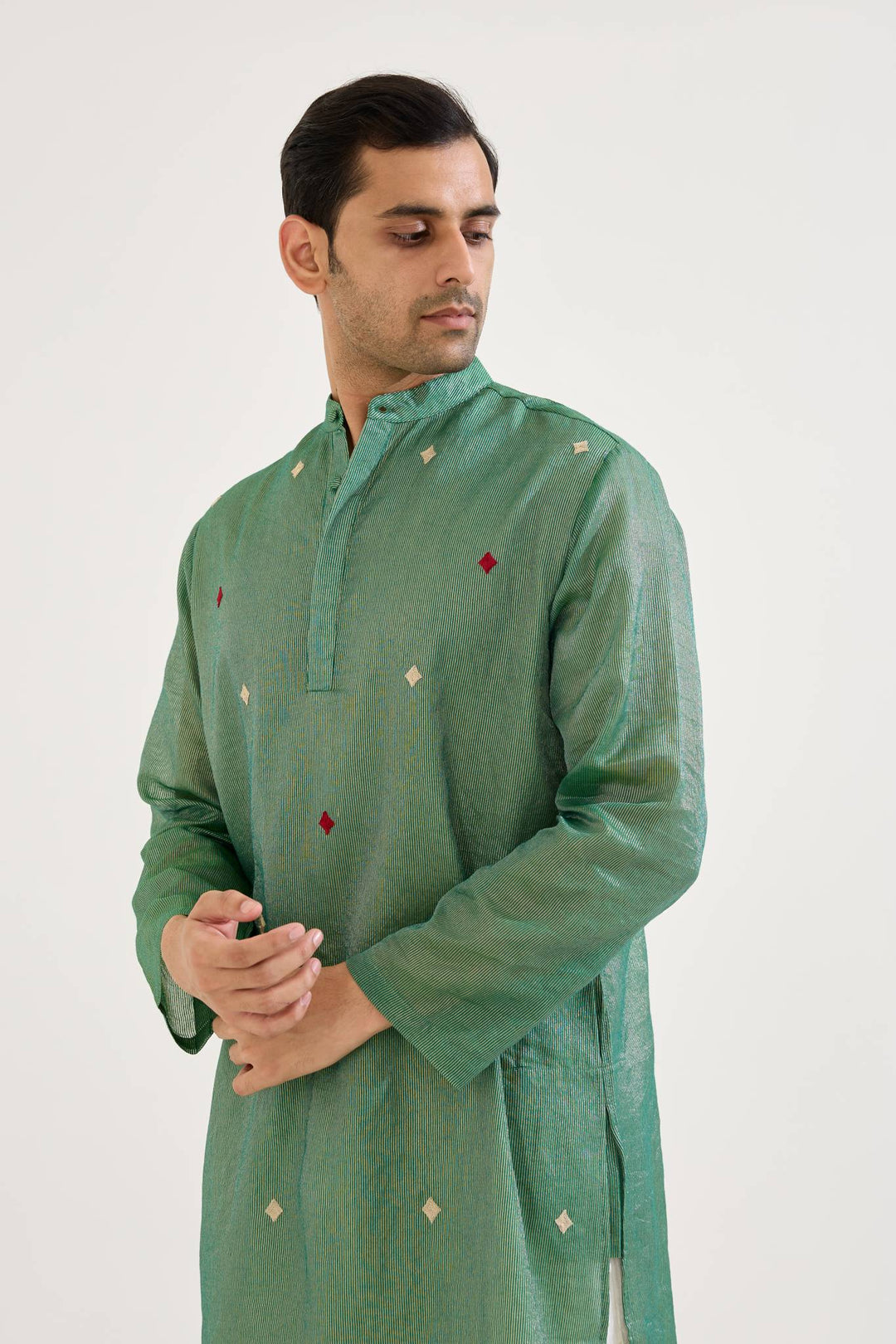 Emerald Buta Chanderi Stripe Kurta with Narrow Pants - Set of 2
