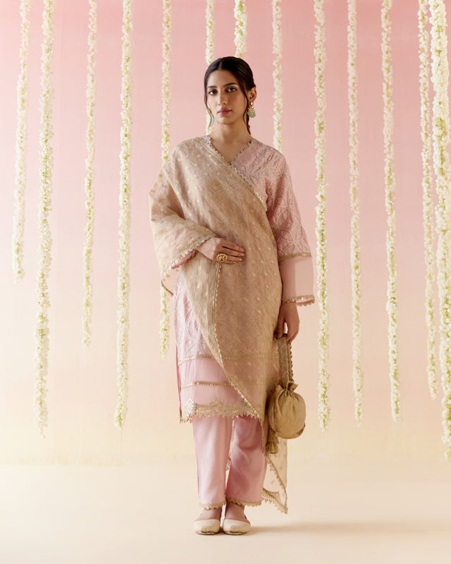 Daisy Pink Zari Kurta with Narrow Pants & Dupatta set - Set of 3