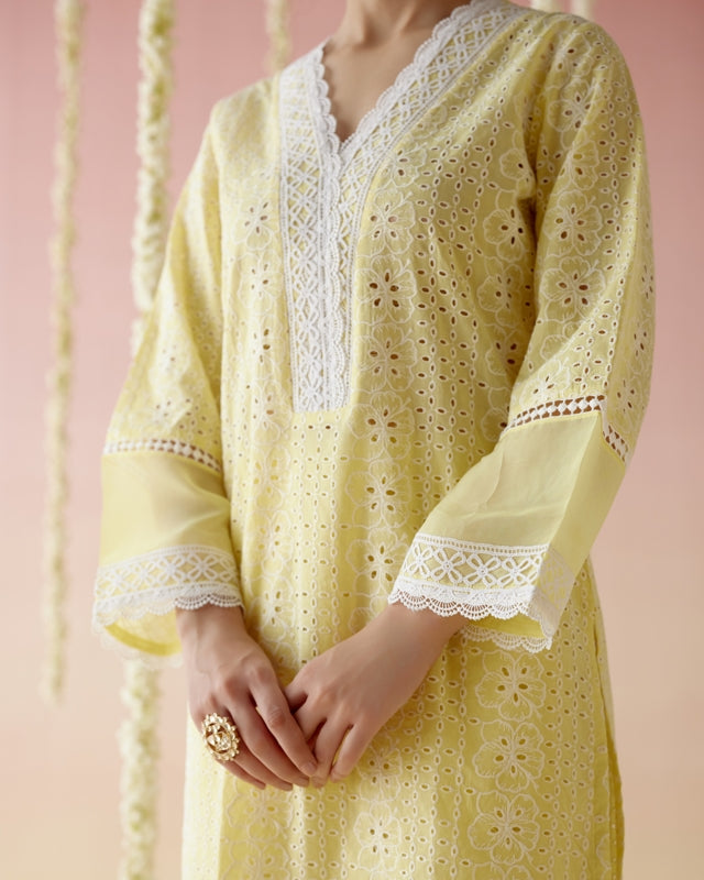 Yellow Pearl Long Kurta with Narrow Pants- Set of 2