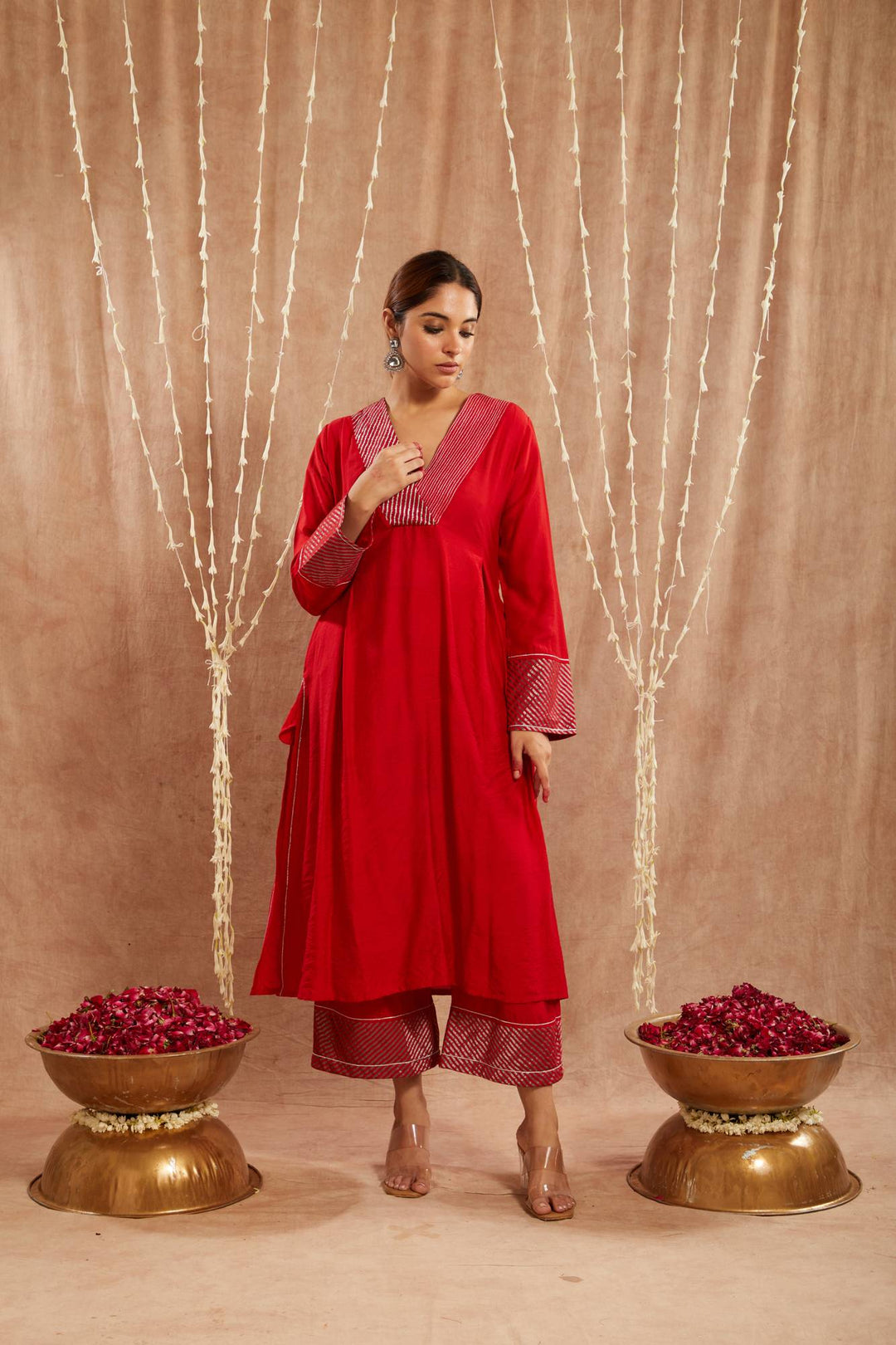 Red Zari Chanderi Kurta with Narrow Pants