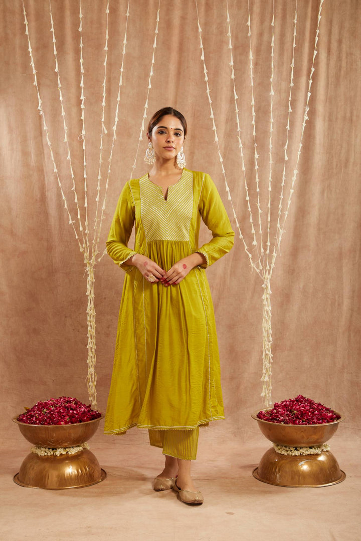 Olive Diagonal Yoke Kurta with Narrow Pants and Dupatta - Set of 3