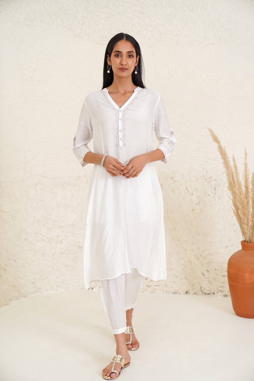 Vanilla foilage kurta with narrow pants