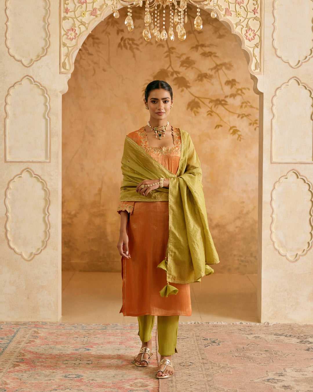 Olive Rust Tissue Kurta with Narrow Pants and Dupatta - Set of 4