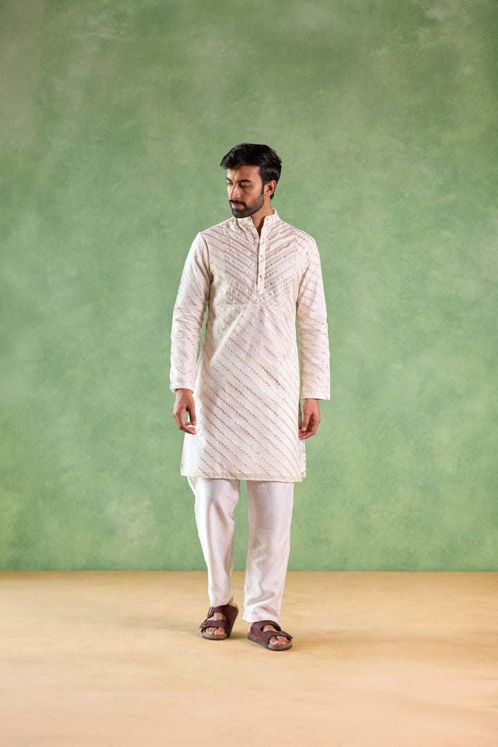 Ivory Gold Chevron Brocade Embroidered Kurta