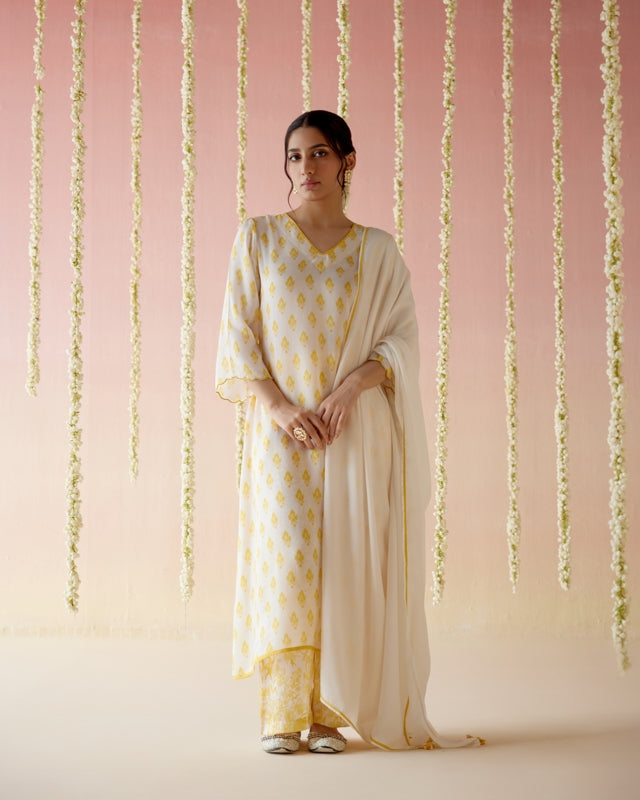 Freesia Yellow A-Line Long Kurta with Wide Leg Pants and Dupatta-  Set of 3