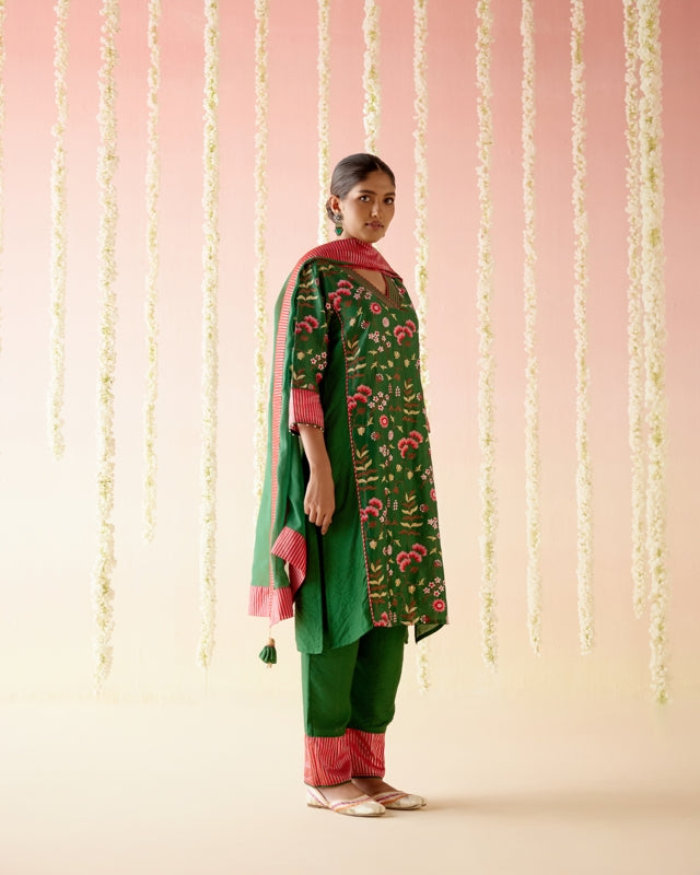 Emerald Lily Embroidered Kurta with Narrow Pants & Dupatta - Set of 3