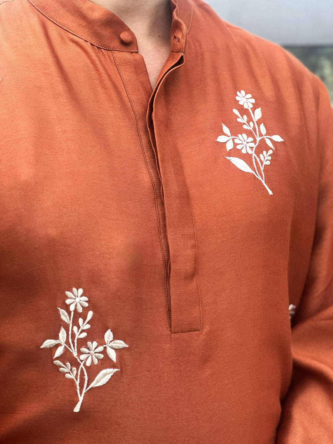 Rust Red Embroidered Silk Kurta