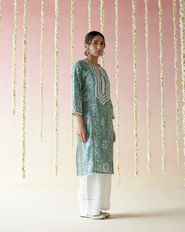 Aqua Blue Floral Chintz Kurta with Wide Leg Pants - Set of 2