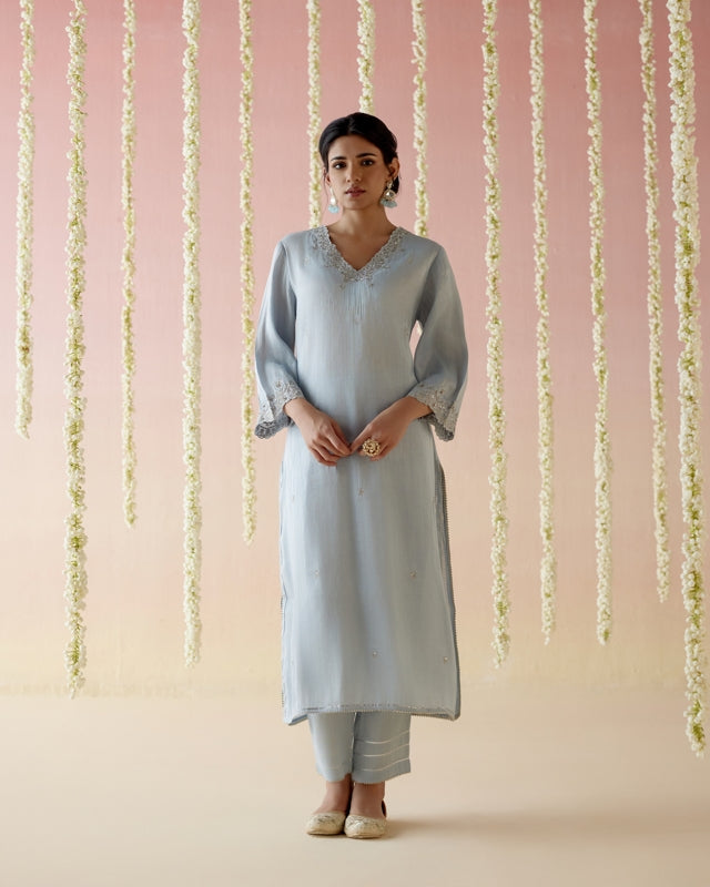 Sky Blossom Tissue Kurta with Narrow Pants - Set of 2