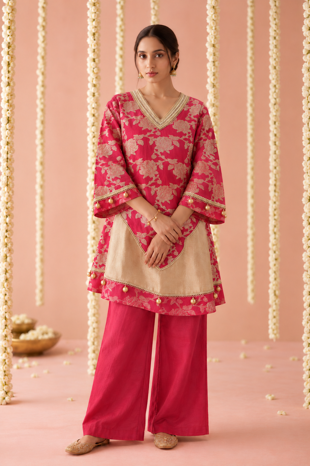 Fuchsia Jaal Chanderi Brocade Kurta Set - Set of 2