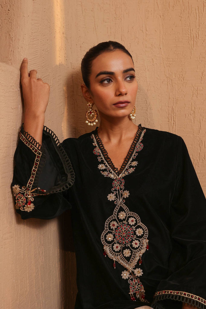 Black Dori Embroidered Kurta with Narrow Pants and Dupatta - Set of 3