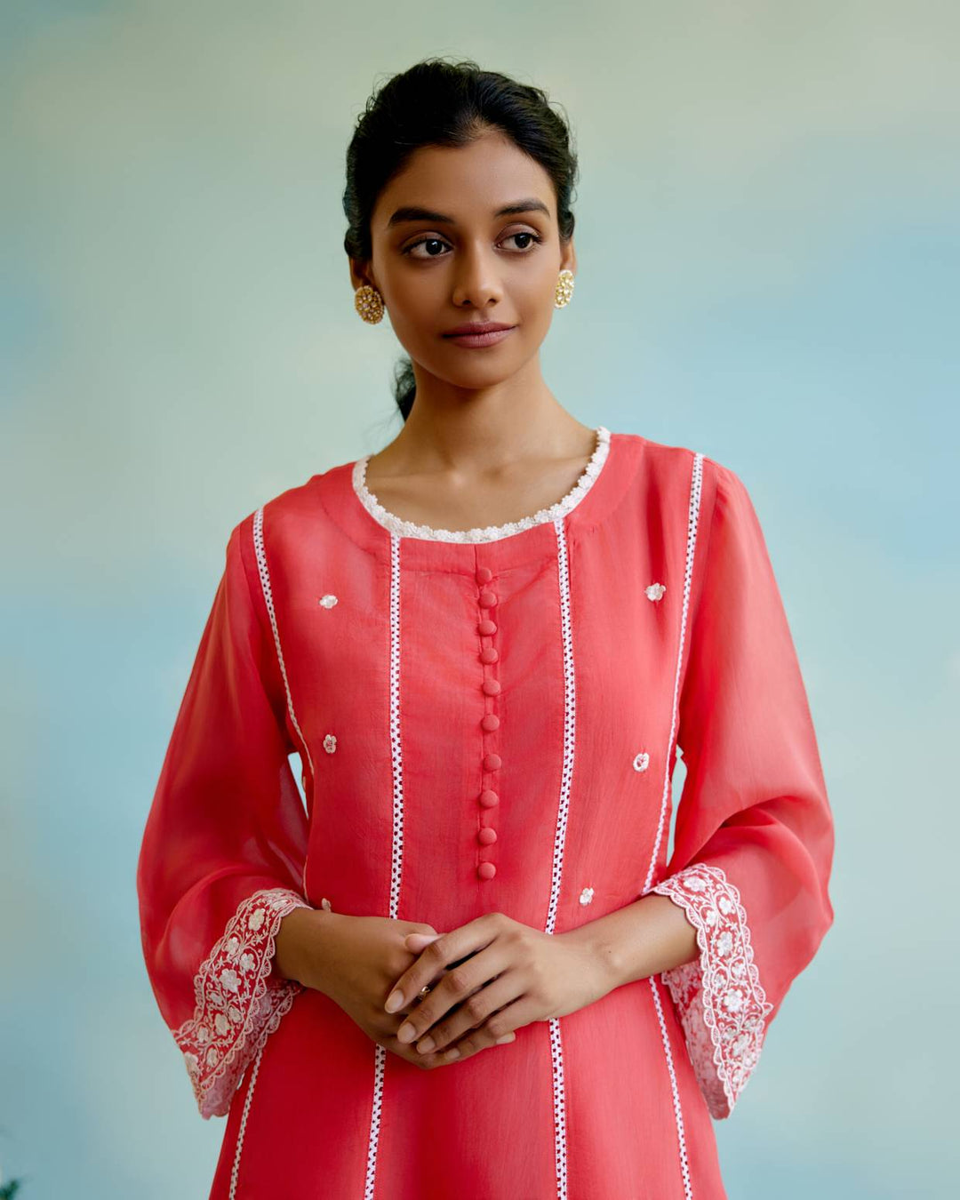 Coral Rose Anarkali with Wide Leg Pants