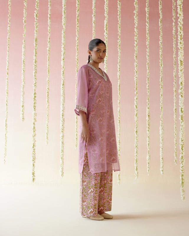 Mulberry Pink Long Kurta with Blockprinted Slip and Flared Pants- Set of 2