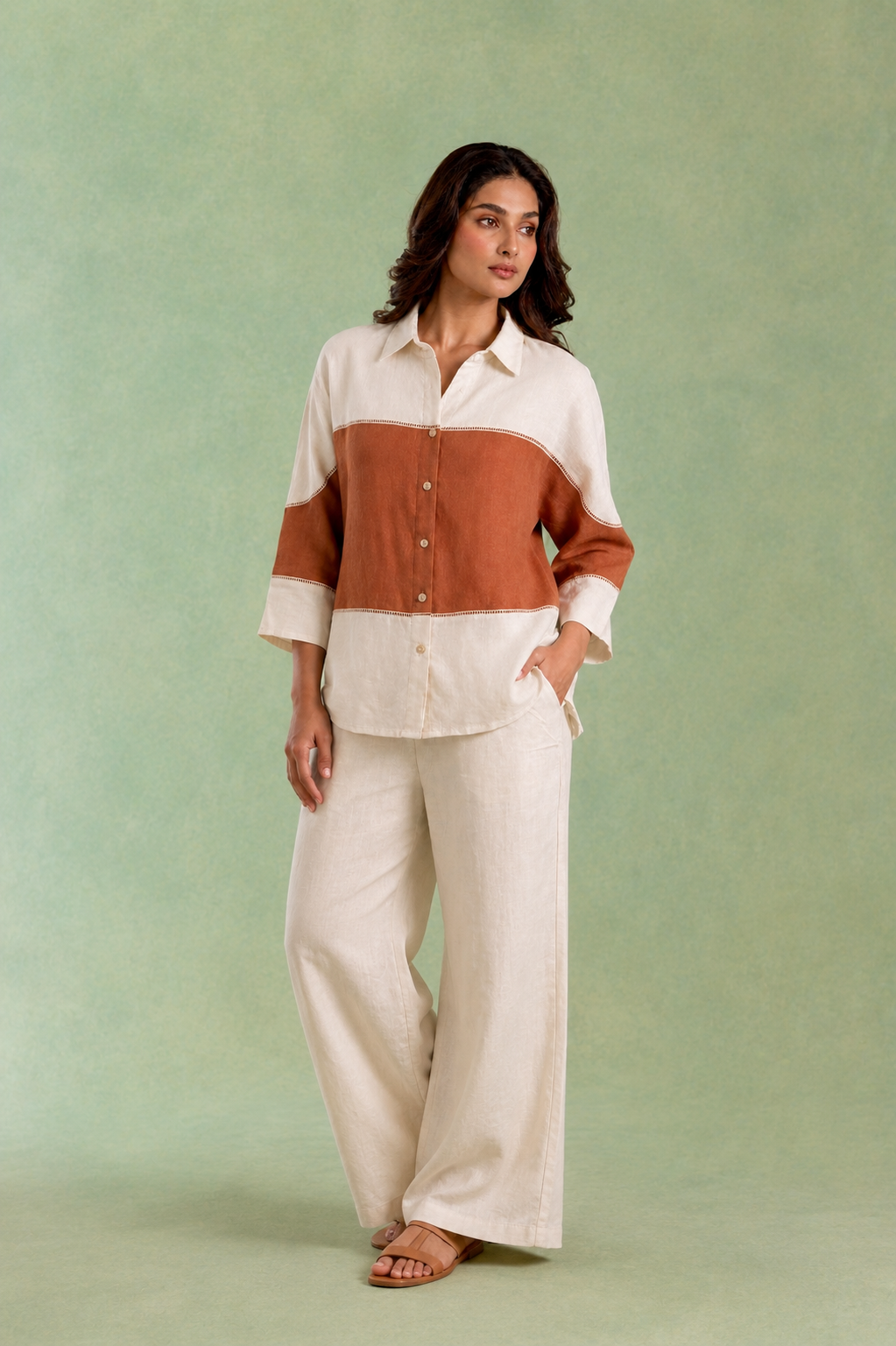 Ivory Brown Panel Handloom Cotton Top