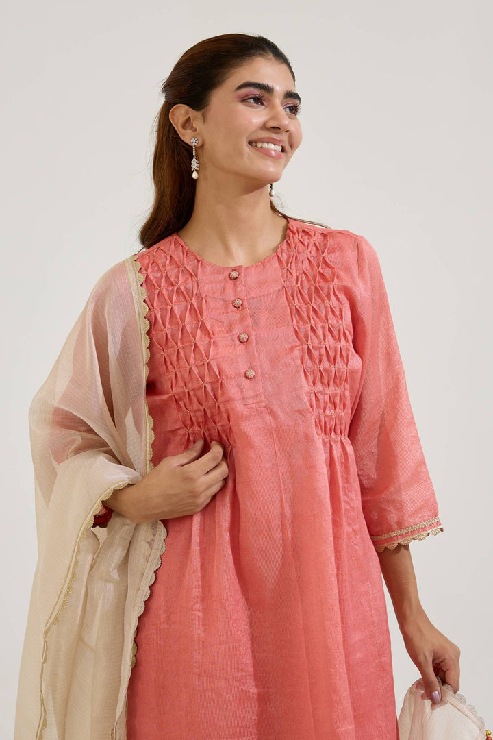 Red Gold Chanderi Stripe Kurta with Wide Leg Pants and Dupatta - Set of 3