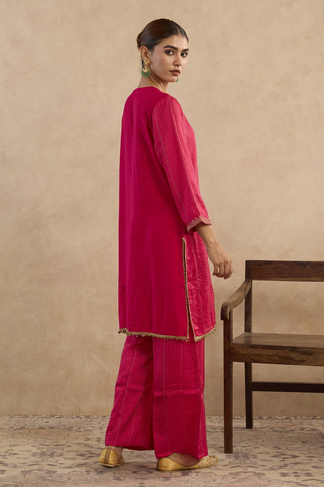 Fuchsia Pink Dori Silk Chanderi Kurta with Flared Pants - Set of 2