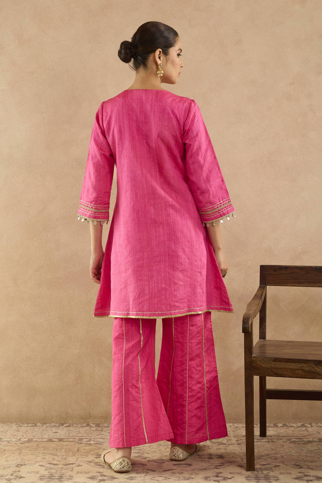 Rani Pink Embroidered Kurta with Flared Pants and Scallop Dupatta - Set of 3