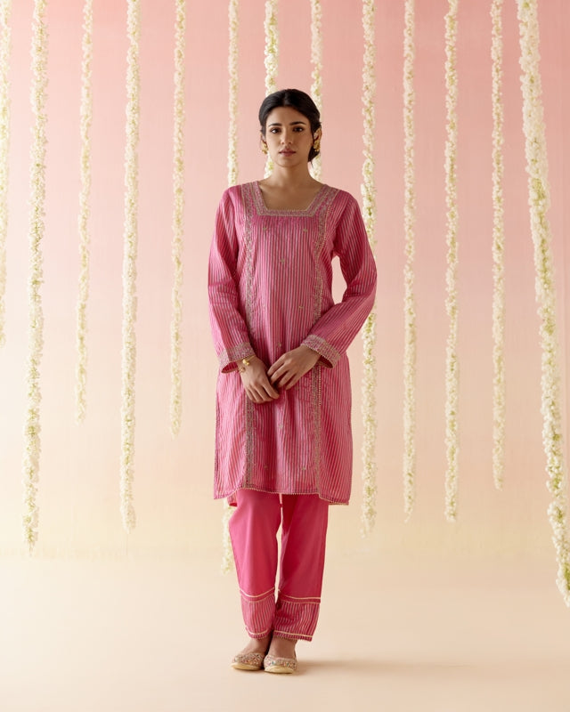 Fuchsia Rose Tissue Kurta with Narrow Pants - Set of 2