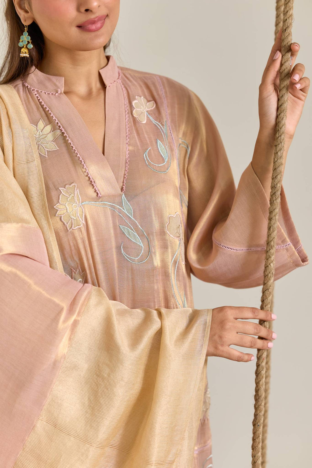 Blush Mint Applique Embroidered Tissue Kurta Set with Panel Dupatta - Set of 3