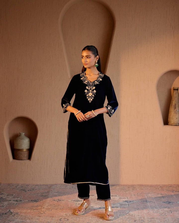 Navy Blue Embroidered Velvet Kurta with Narrow Pants - Set of 2