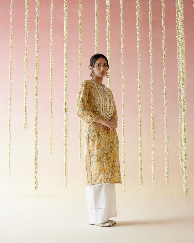 Sunflower Yellow Floral Chintz Kurta with Wide Leg Pants - Set of 2