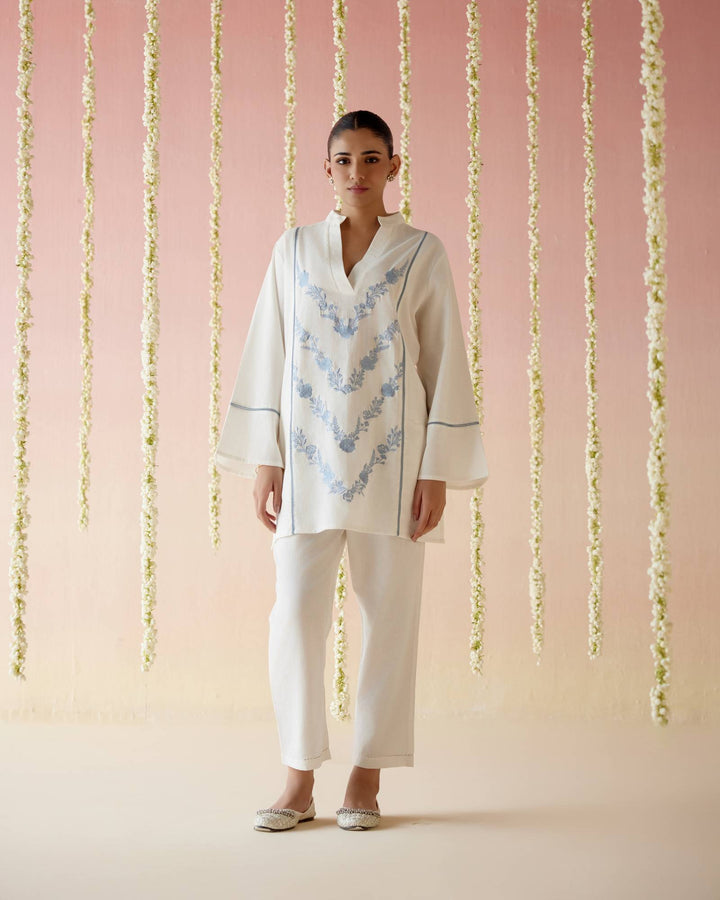 Irish Blue Embroidered Khadi Coord Set