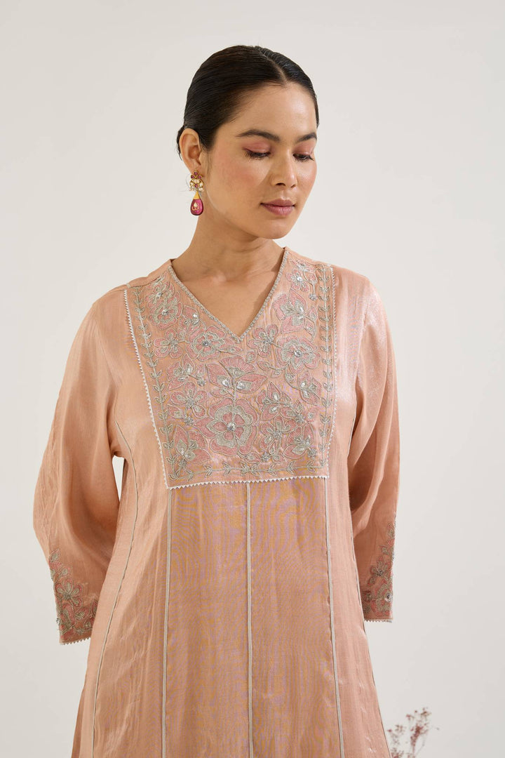 Pink Floral Zari Tissue Anarkali with Narrow Pants and Dupatta - Set of 3