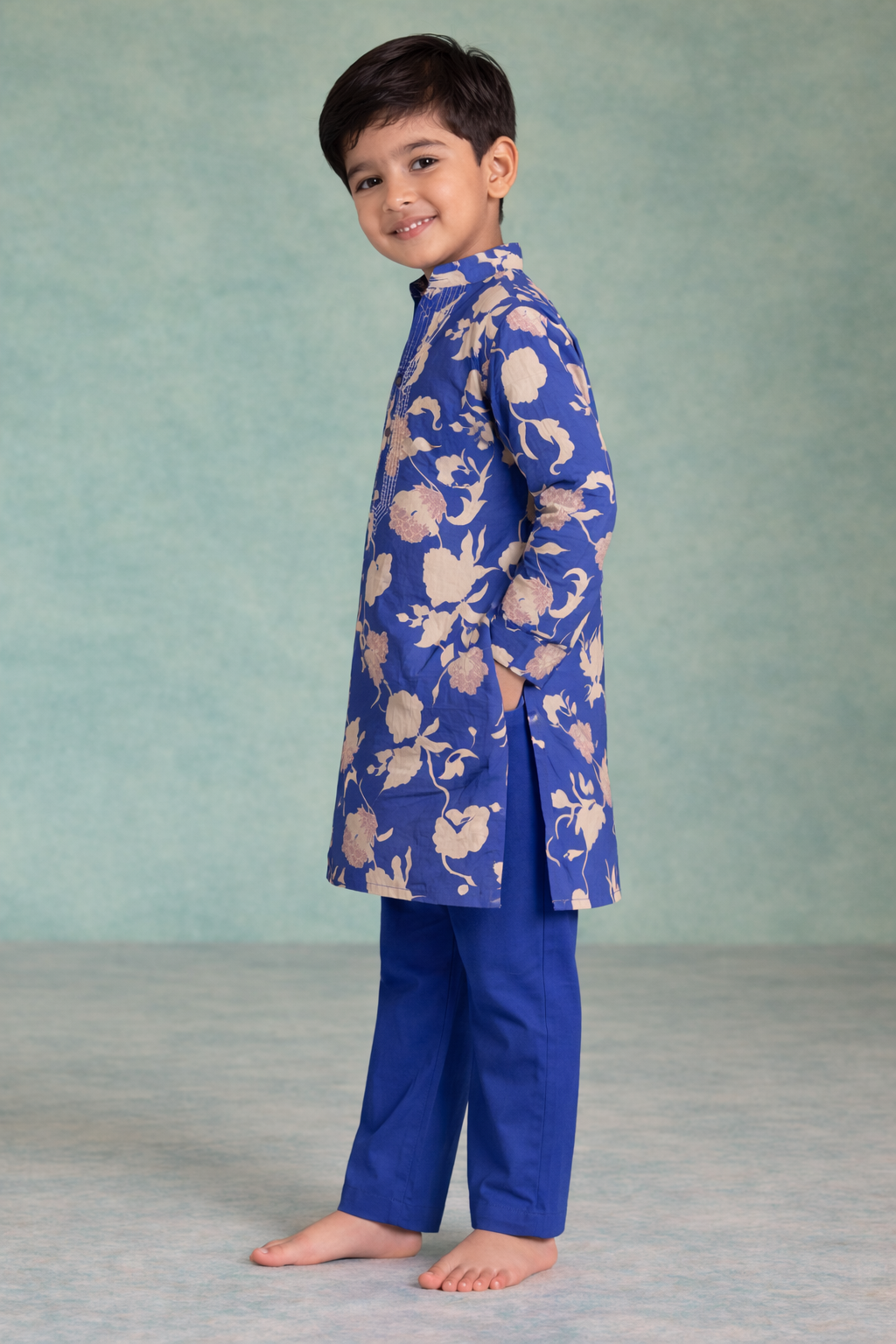 Boys Blue Bloom Floral Jaal Kurta Set