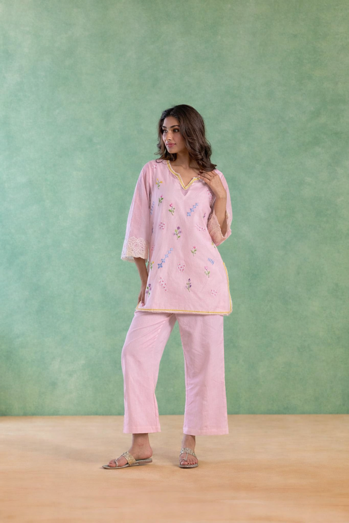 Pink Spring Embroidered Co-ord Set