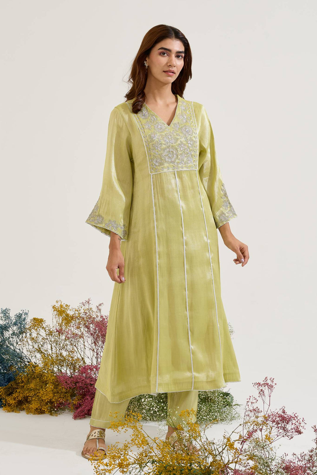 Lime Floral Zari Tissue Anarkali with Narrow Pants and Dupatta - Set of 3