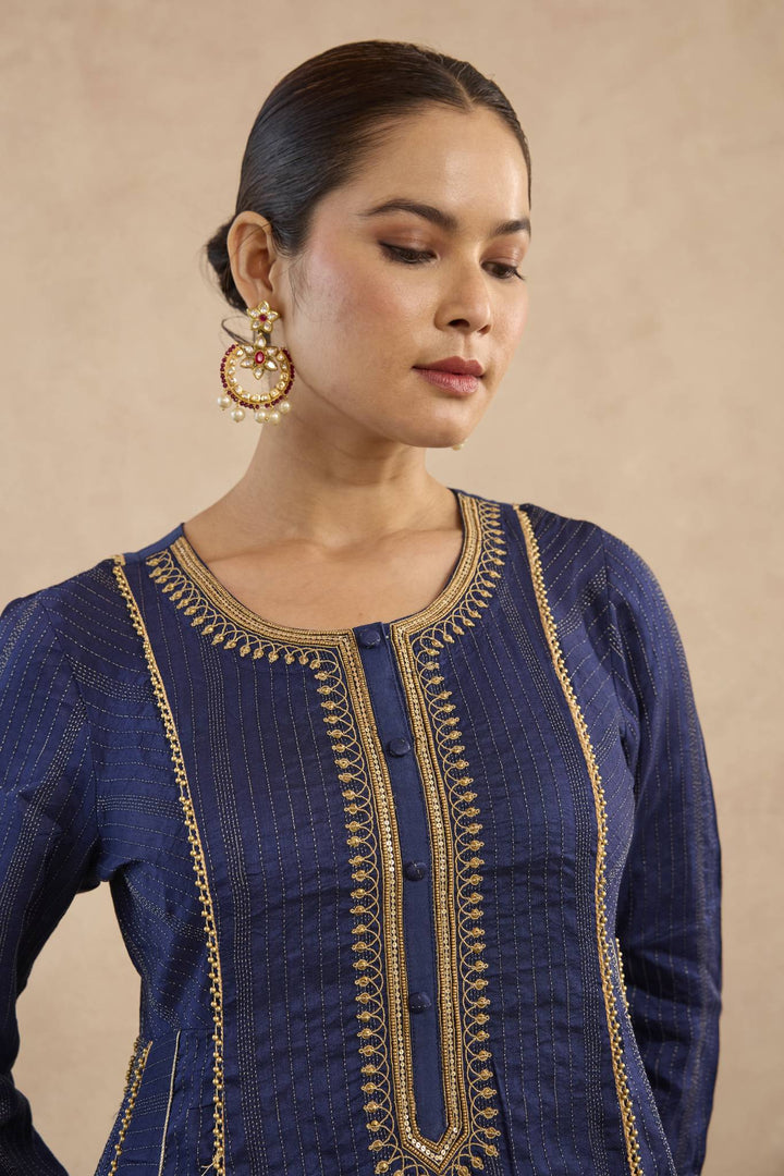 Navy Lotus Embroidered Anarakali with Flared Pants - Set of 2