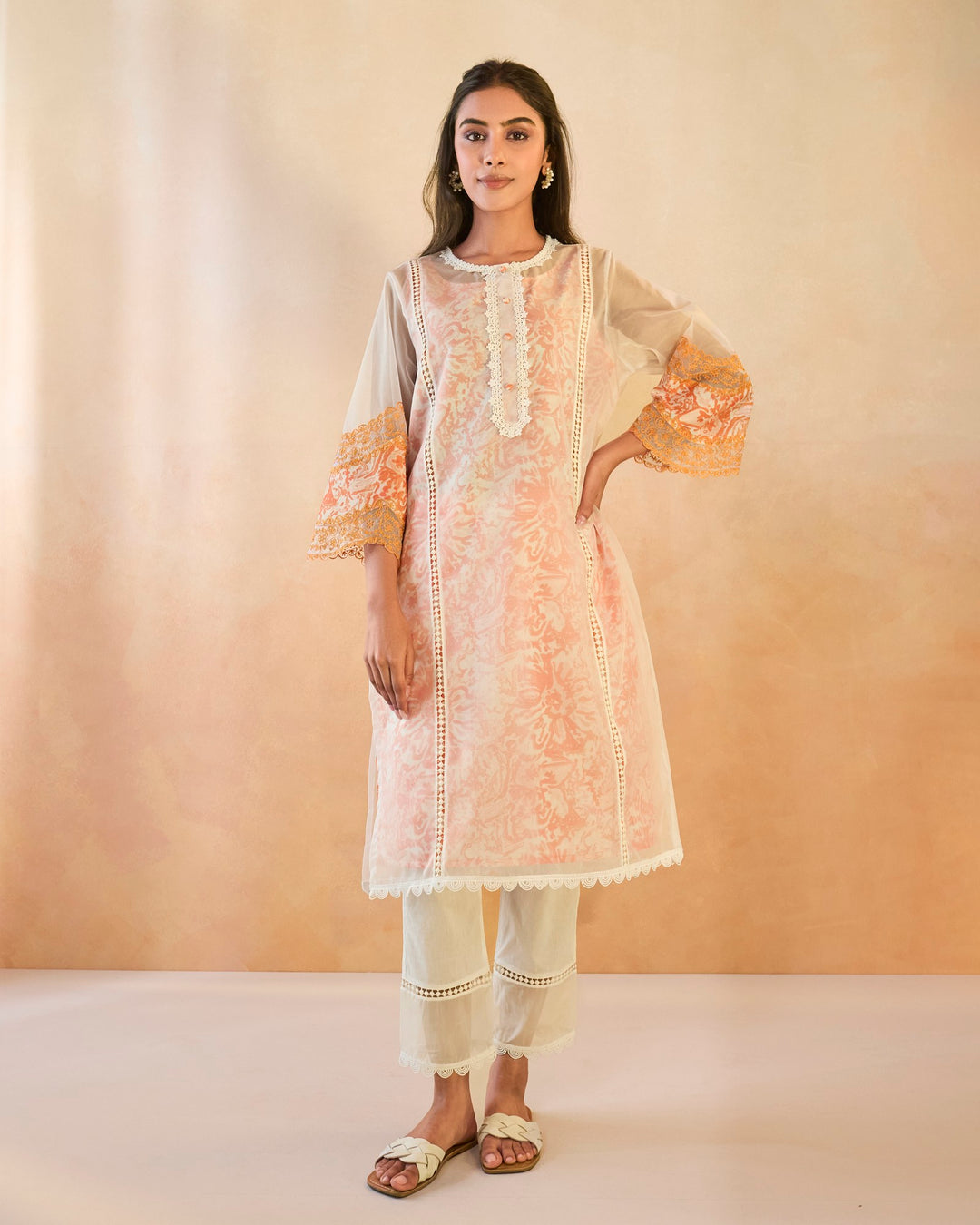 Orange Floral Embroidered Kurta with Narrow Pants - Set of 2