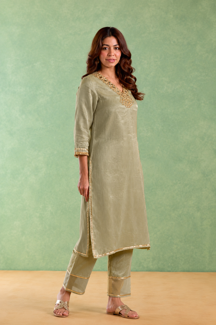 Sage Mirror Embroidered Chanderi Stripe Kurta Set with Floral Chintz Dupatta - Set of 3