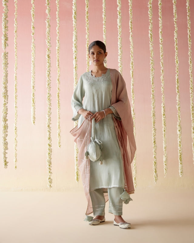 Mint Daisy Tissue Kurta with  Narrow Pants & Dupatta - Set of 3