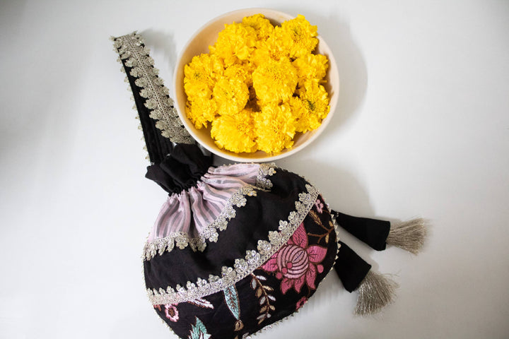 Black Orchid Embroidered Potli