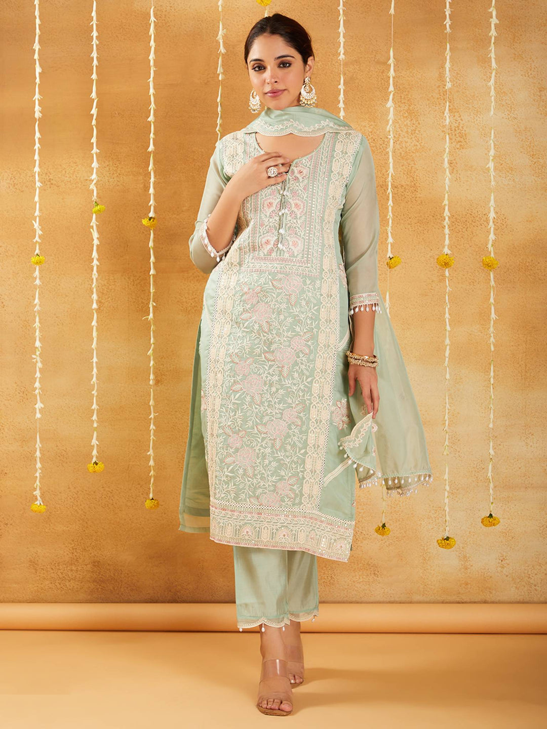 Mint Pearl Embroidered Kurta Set with Dupatta - Set of 3