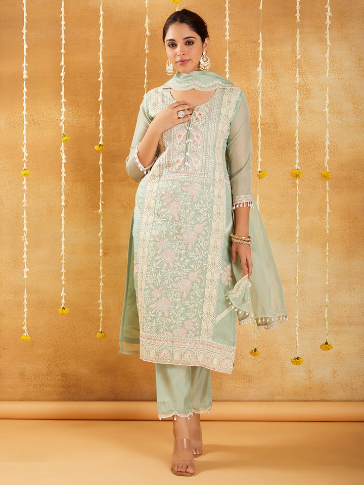 Mint Pearl Embroidered Kurta Set with Dupatta - Set of 3