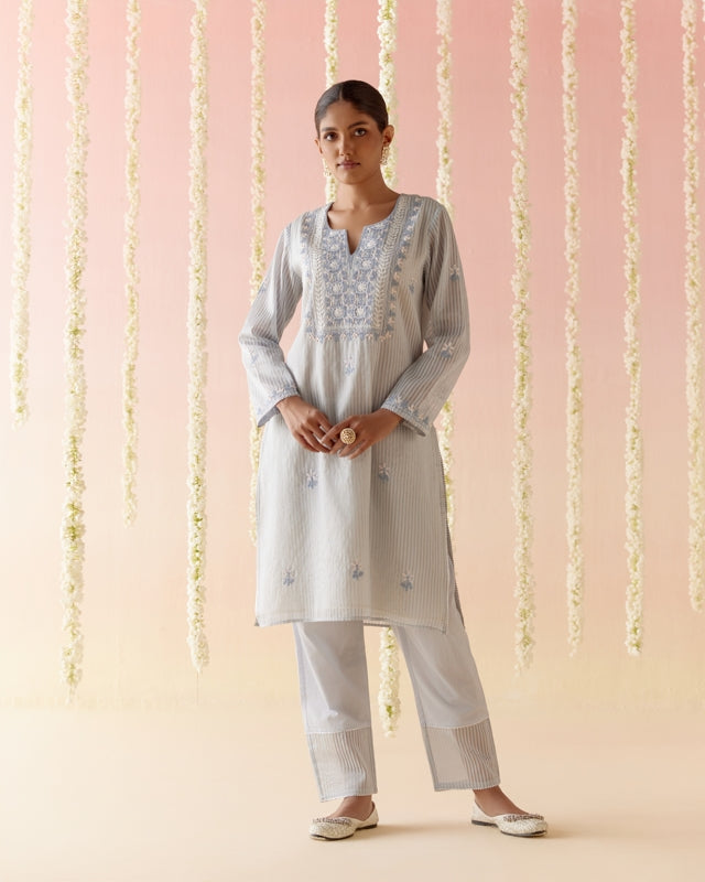 Misty Blue Tissue Kurta with Narrow Pants - Set of 2