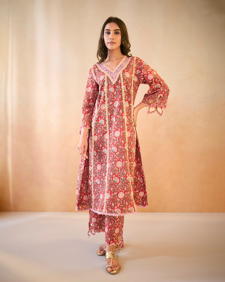 Rosy Chintz Cutwork Kurta with Wide Leg Pants - Set of 2