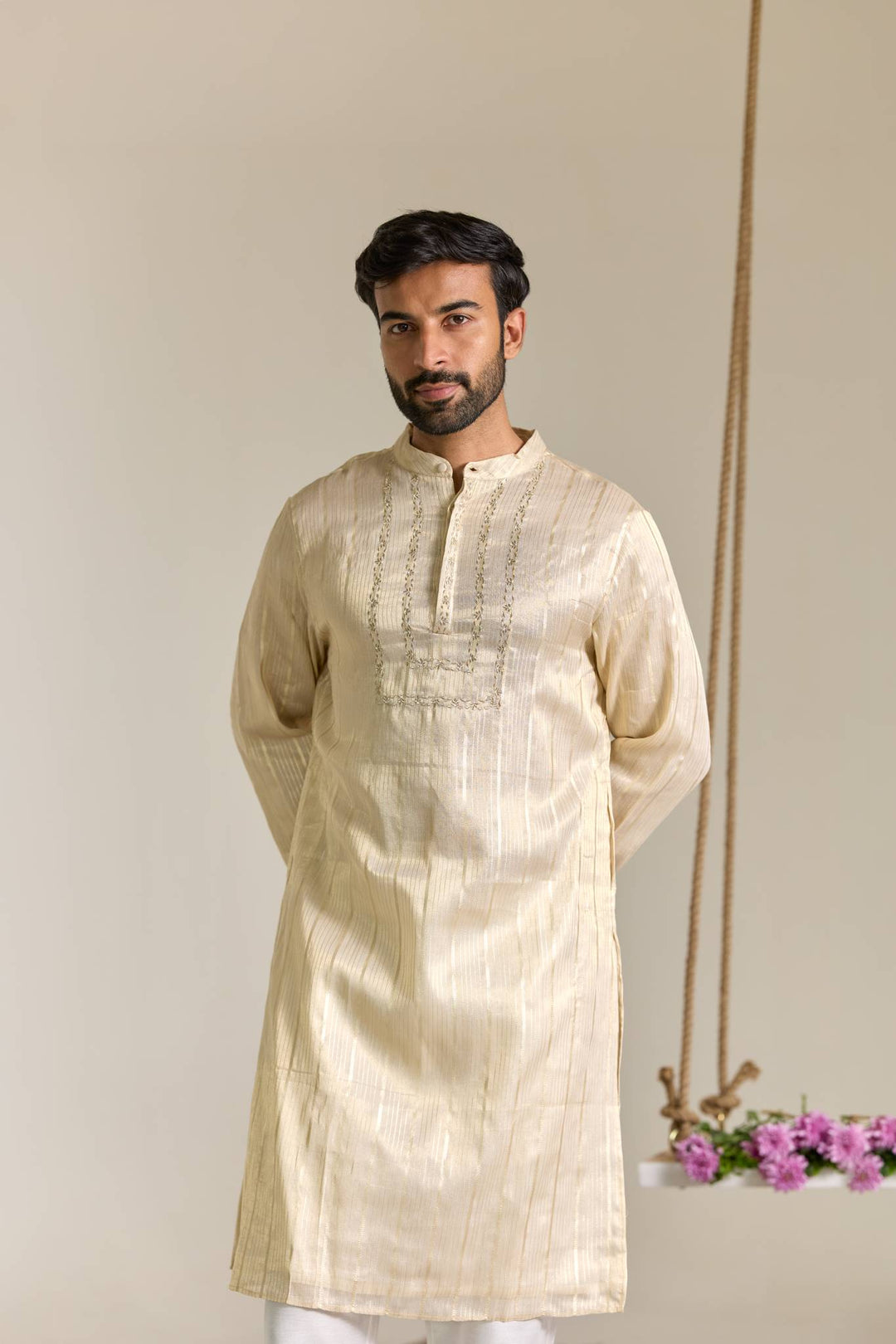 Gold Zari Yoke Stripe Embroidered Kurta with Narrow Pants