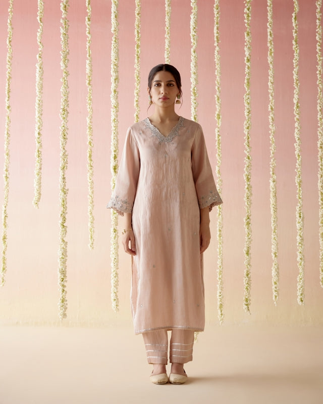 Old Rose Tissue Kurta with Narrow Pants - Set of 2